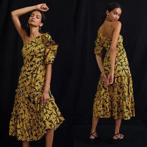 NWT Anthropologie Farm Rio Banana One-Shoulder Midi Dress